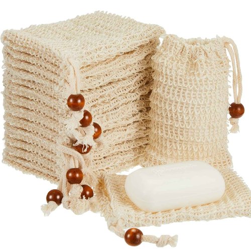 Cunhill 40 Pack Soap Saver Bag Exfoliating Sisal Soap Pouch with Drawstring Bar Wooden Bead Foaming and Drying Exfoliating Net for Bath and Shower (3.5x5.5 Inch)
