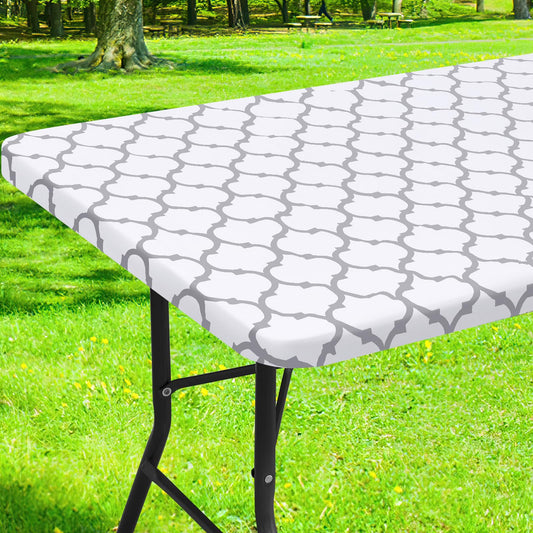 smiry Rectangle Picnic Tablecloth, Waterproof Elastic Fitted Table Covers for 4 Foot Tables, Wipeable Flannel Backed Vinyl Tablecloths for Camping, Indoor, Outdoor (White Morocco, 30x48 Inches)