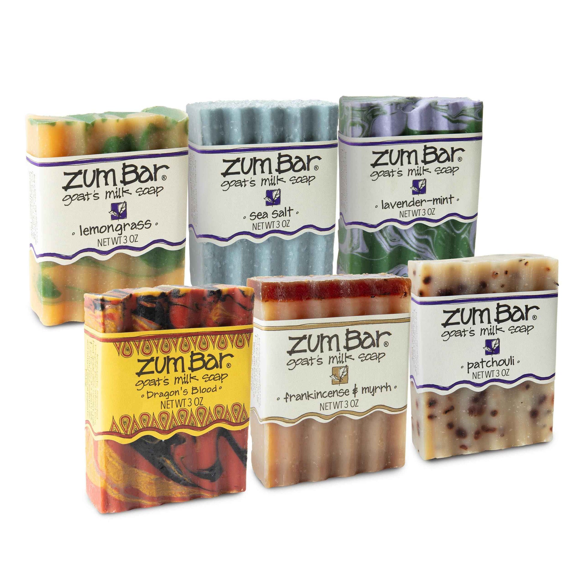 Zum Indigo Wild Goat's Milk Soap Bar - Hand & Body Soap with Essential Oils - Scents - Lemongrass, Dragon's Blood, Frankincense & Myrrh, Sea Salt, Lavender-Mint, Patchouli - 3 oz (6 Pack)