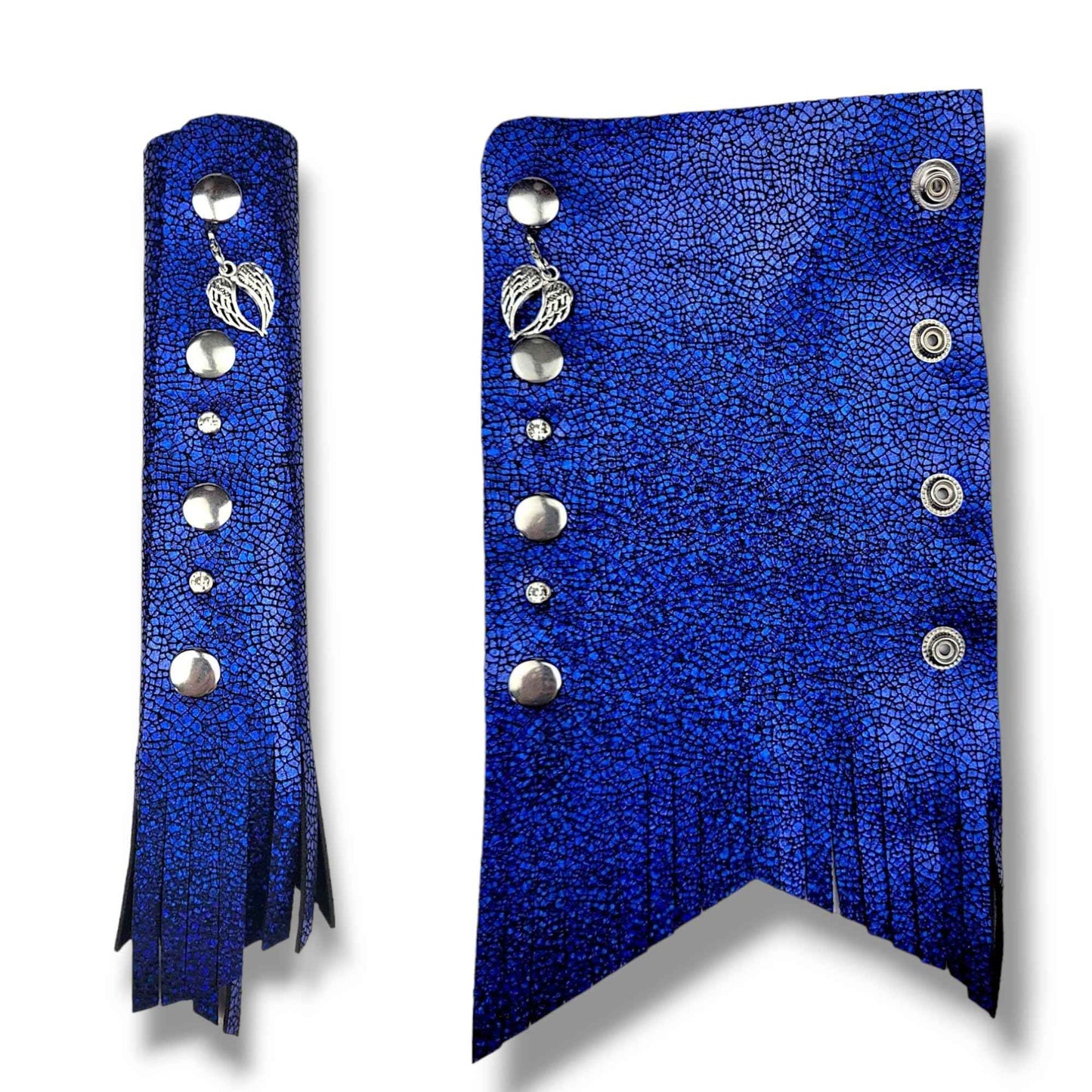 COBALT BLUE Glitter 6" inch Leather Hair Wrap | Motorcycle Helmet Ponytail Sleeve Hair Protector & Frizz Saver | Lady Rider Biker Gear Hair Tie Accessory w/Fringe Crystals Made in USA (6 inch)