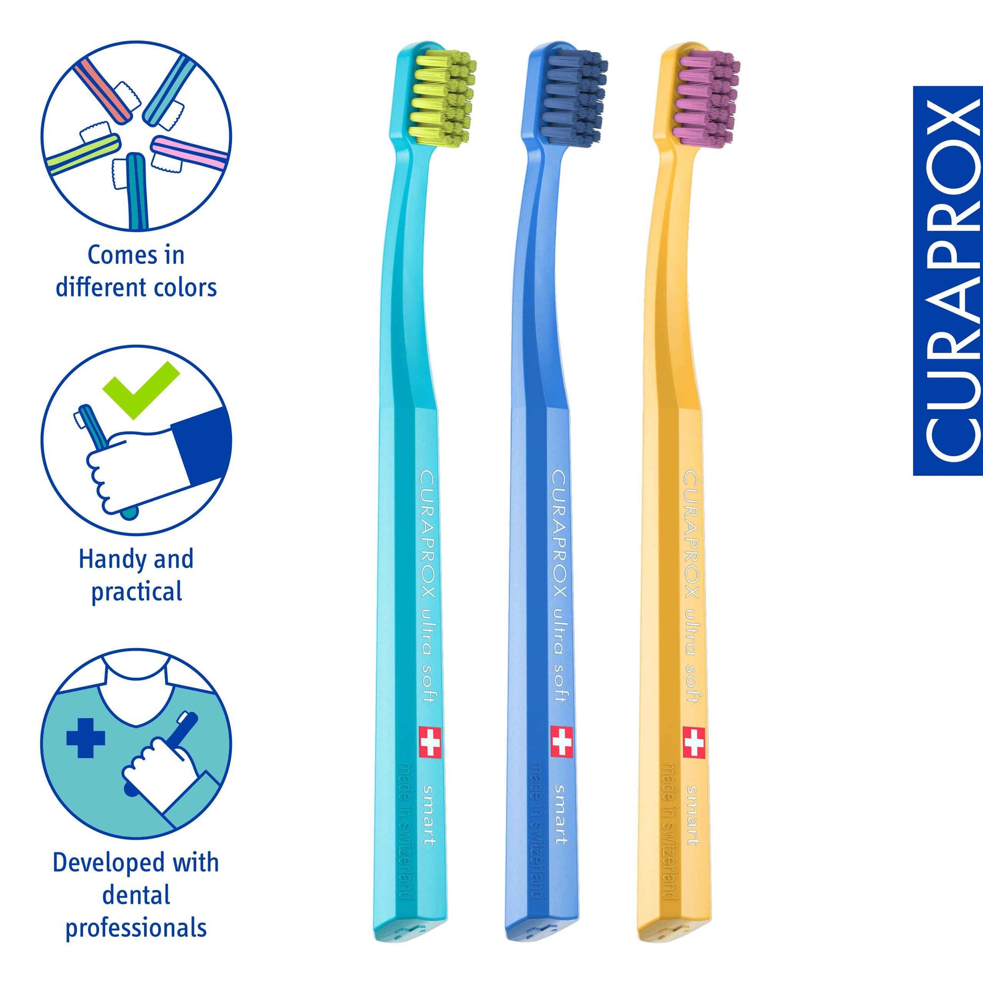 Curaprox CS Smart Toothbrush – Compact Brush Head for Children and Adults | Ultra-Gentle Cleaning | 3-Pack | Mixed Colours