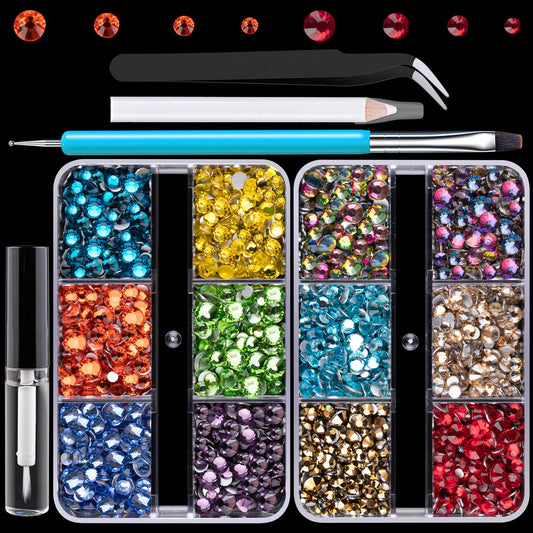 Colorful Face Gems for Makeup Set, Flatback Gorgeous Charming Mixed-Colored Chameleon Crystals with Makeup Glue+Picker Pencil+Tweezer+Dual-End Dotting Tool for Eye Body Hair Make-up and Nail Art Deco