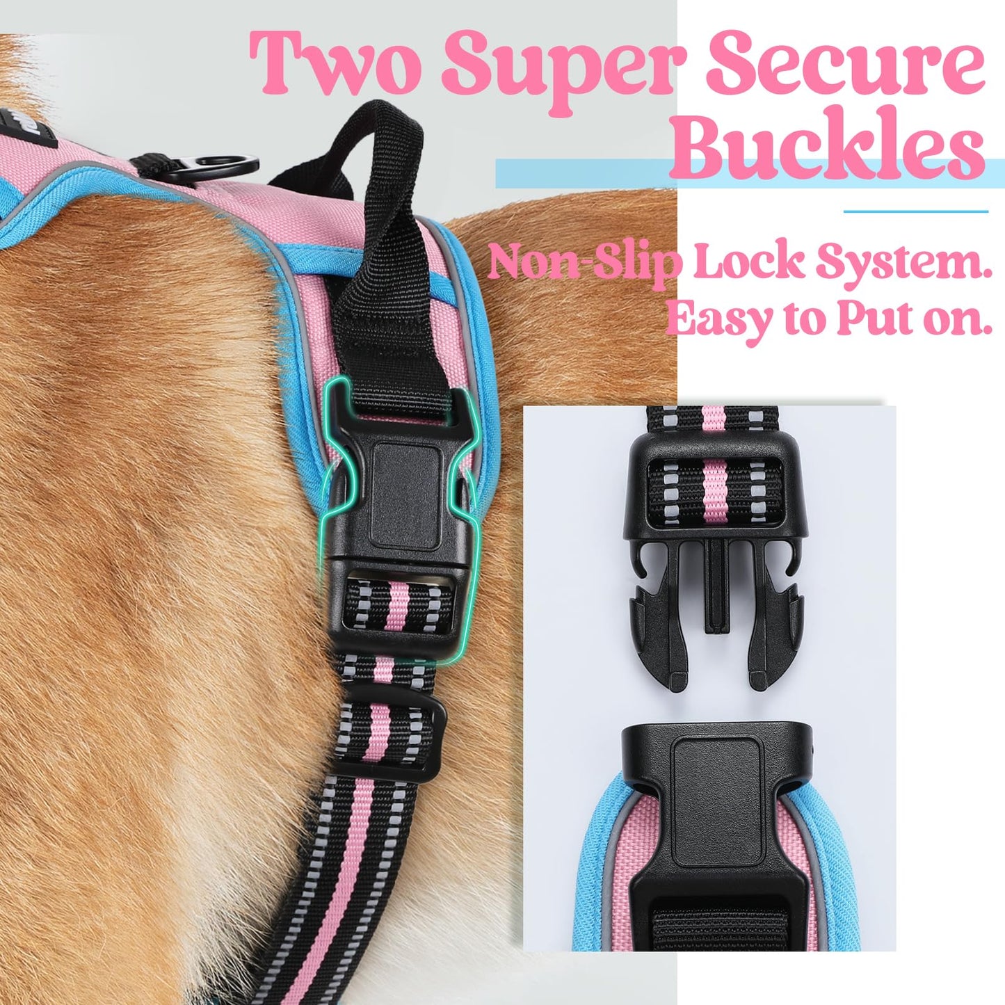 rabbitgoo Dog Harness, No-Pull Pet Harness with 2 Leash Clips, Adjustable Soft Padded Dog Vest, Reflective No-Choke Pet Oxford Vest with Easy Control Handle for Large Dogs, Pink & Blue, X-Small