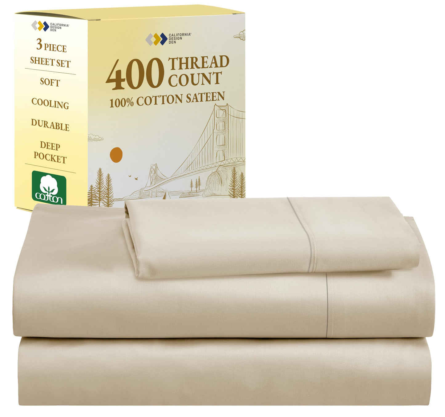 California Design Den Twin Sheets 100% Cotton, 400 Thread Count Sateen for Twin Size Bed - Soft, Breathable & Cooling Sheet Set, 3-Pc Deep Pocket Bed Sheets - Beige