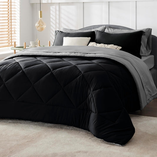 Bedsure Twin Bedding Set - 5 Pieces Reversible Twin Comforter Set, Black Extra Long Twin Bed in a Bag with Comforters, Sheets, Pillowcase & Sham, Bed Set Twin