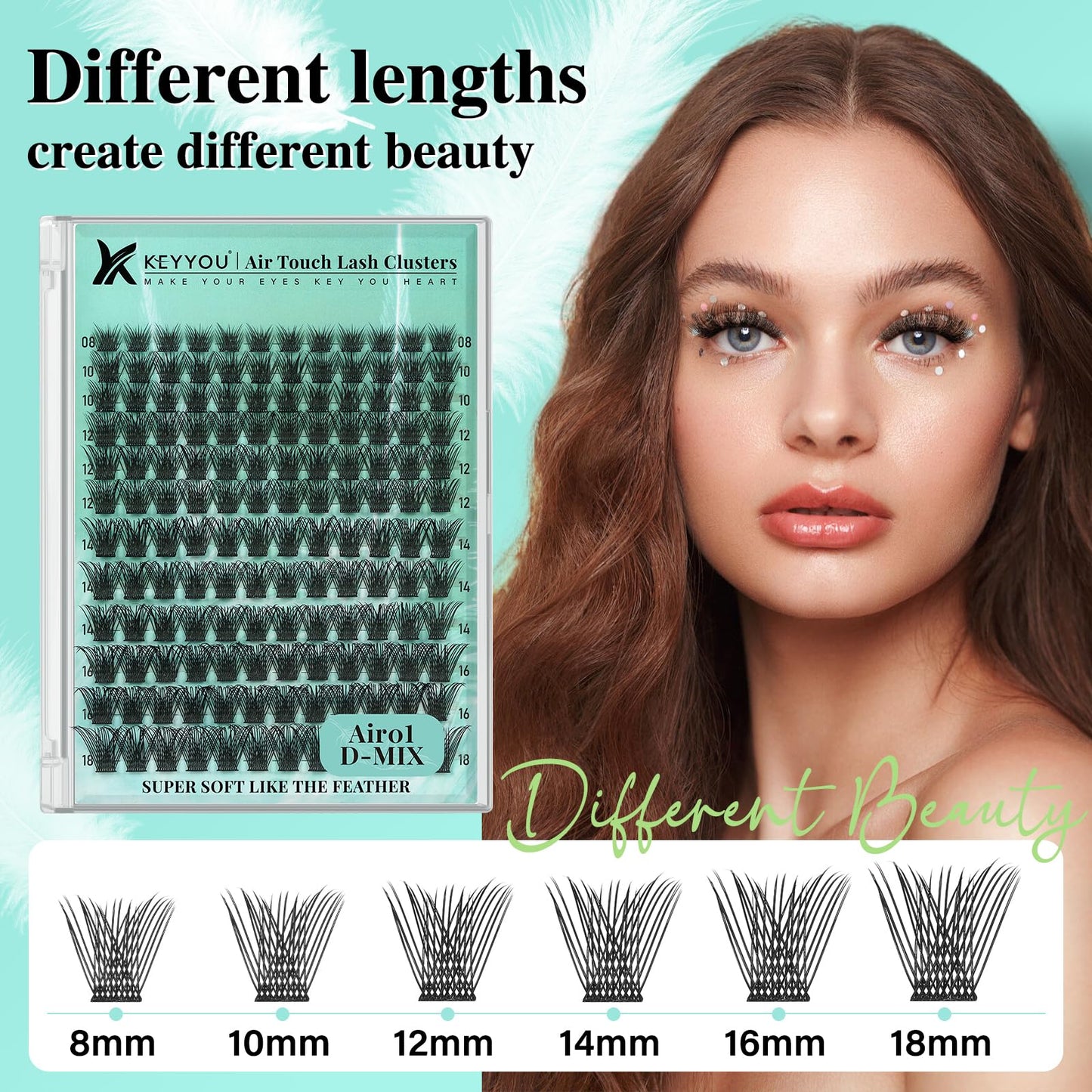 KEYYOU Lash Extension Kit 144pcs Air Touch Lash Clusters with Bond and Seal Lash Applicator Remover D Curl DIY Eyelash Extension Kit Easy to Apply at Home(Air01Kit-D-8-18Mix)