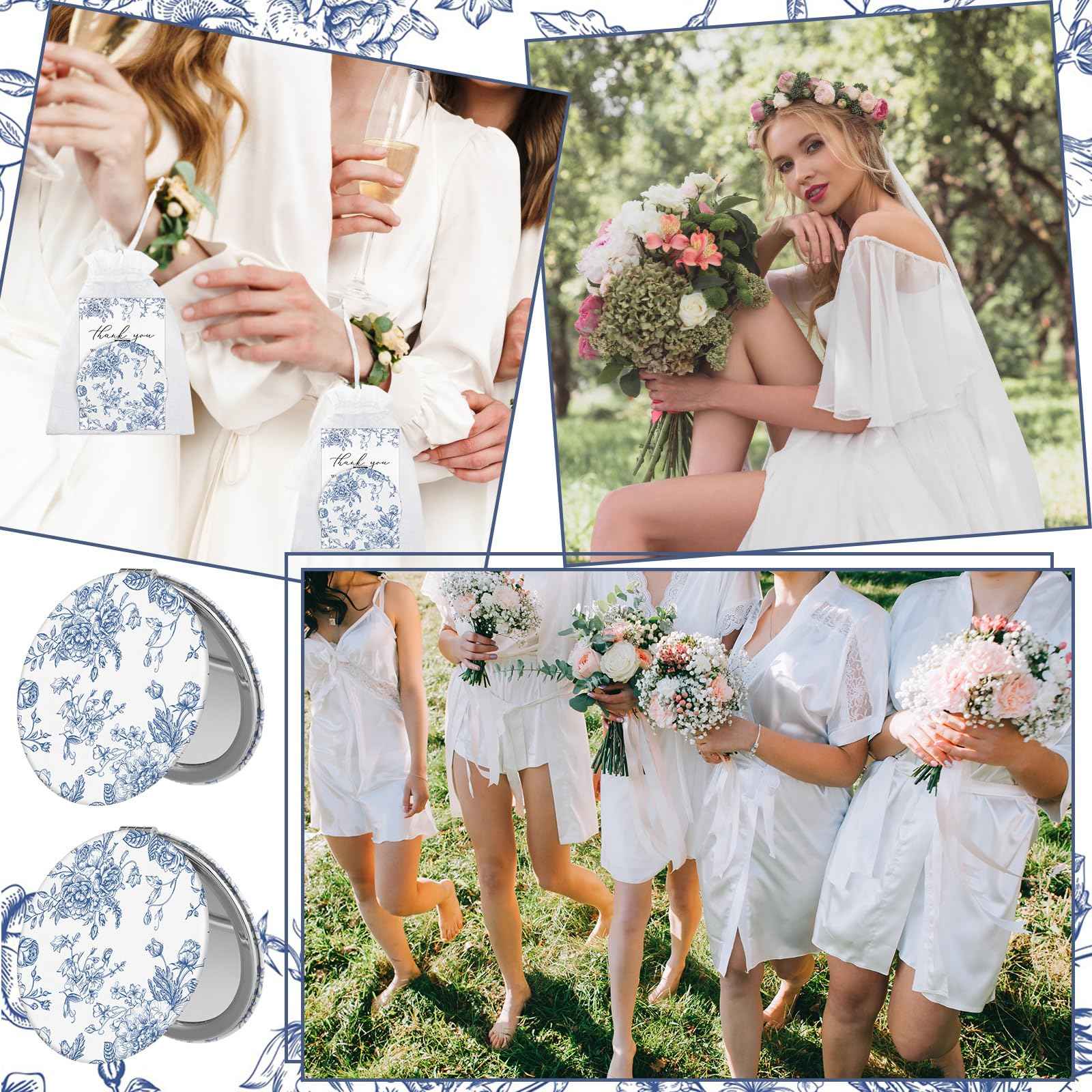 Yalikop 24 Sets Blue Floral Bridal Shower Favors for Guest Flower Folding Leather Compact Makeup Mirror Bulk Thank You Cards with Organza Bags for Bridesmaid Souvenir Gift Wedding Party