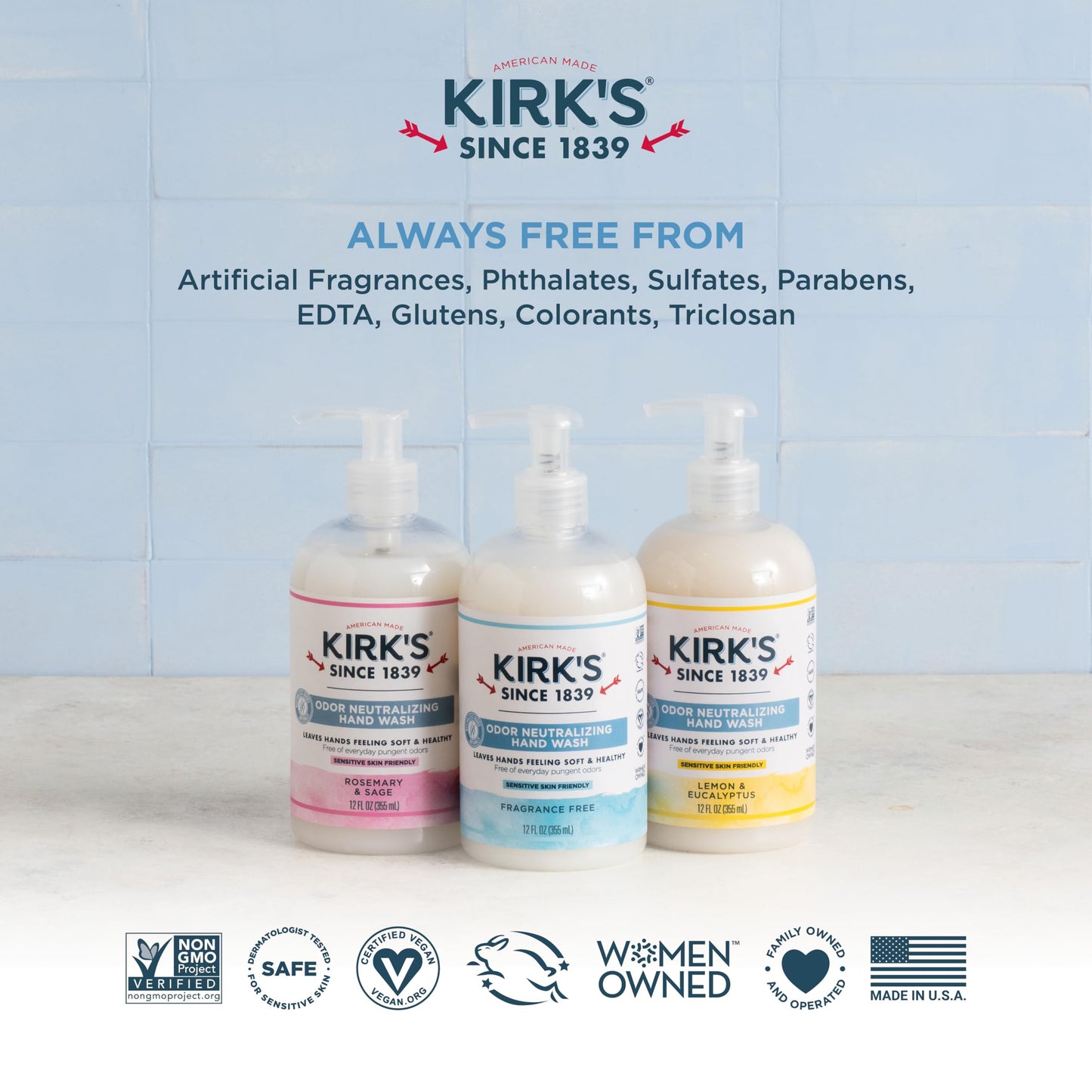 Kirk's Hydrating Hand Wash - Made with Premium Coconut Oil and Aloe Vera, With Plant Based Technology To Help Eliminate Odors, Non GMO, Vegan, 12 Fl Oz. Variety 4 pack