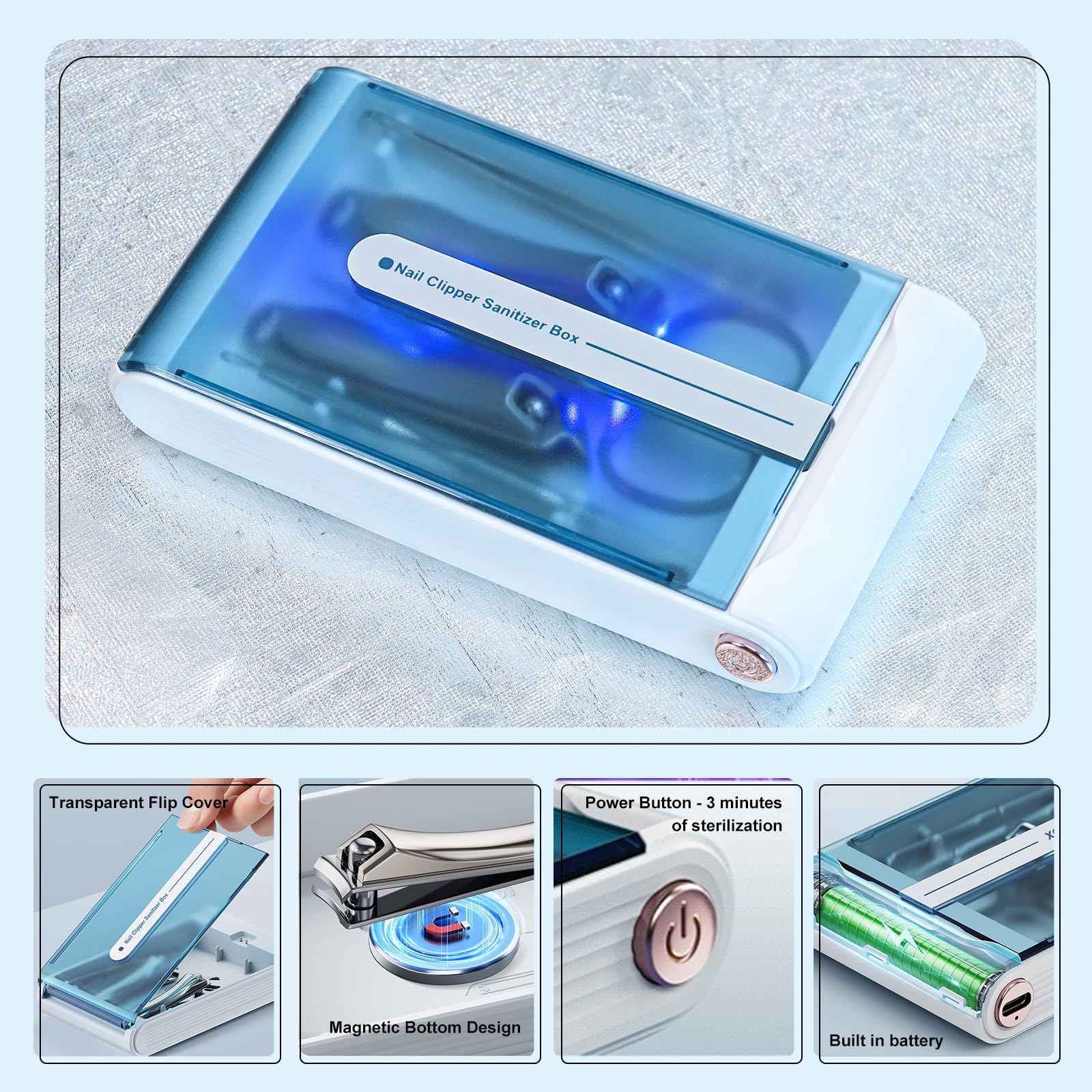 Nail Clipper Set with Disinfection Rechargeable Storage Box 6Pcs Manicure Pedicure Kit Stainless Steel Nail Grooming Tools Fingernail and Toenail Clipper Cutters Perfect Gifts for All Genders