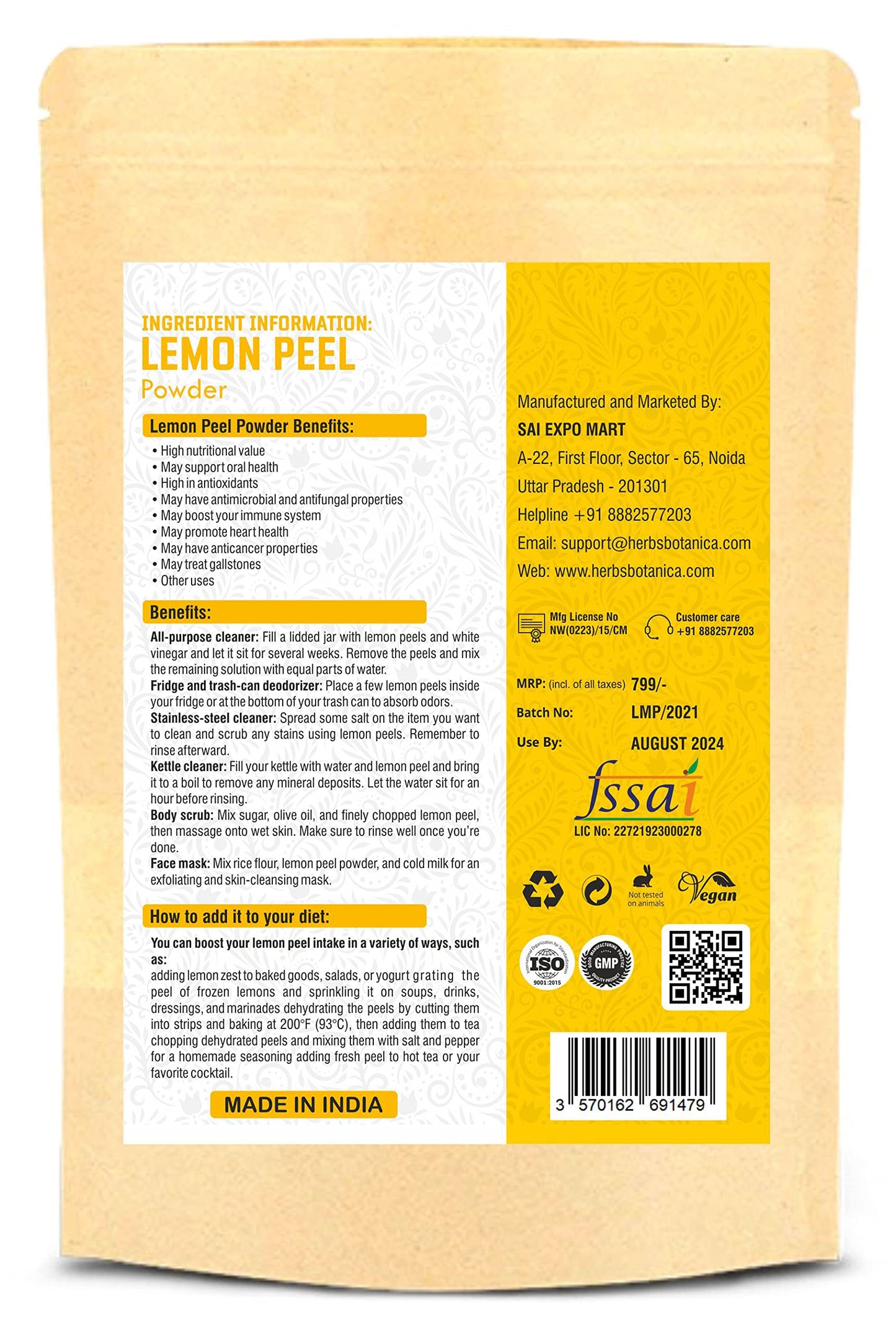 Herbs Botanica Organic Lemon Peel Powder Citrus Peel Organic 5.3 oz /150 gms 100% Natural | Anti Tan Face Mask, Face Pack