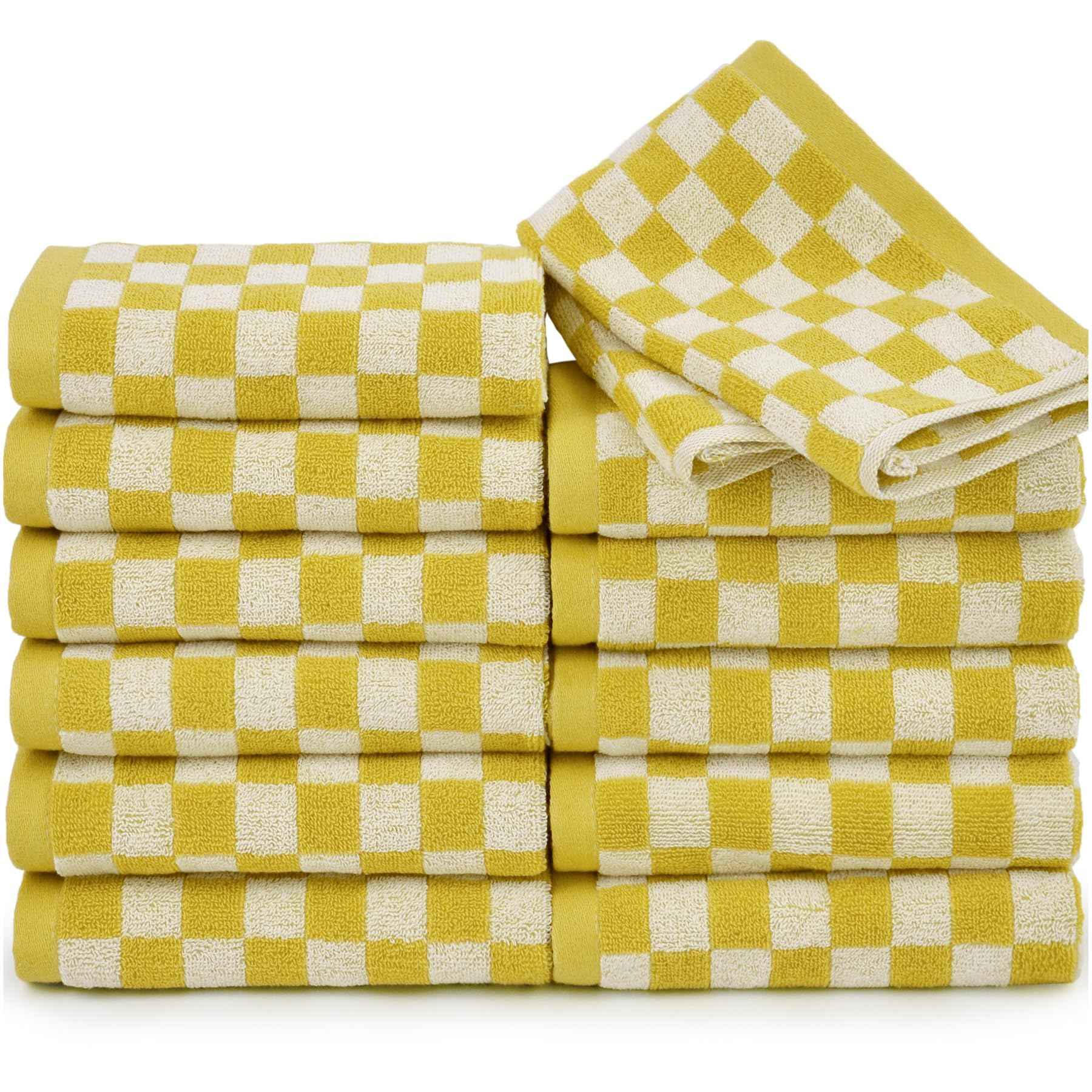 Super Soft Wash Cloths(Mustard Yellow Checkered), 12 Pack Washcloths Facecloth, Cotton Face Towels Set for Body Showering 13x13 Inches, Gifts