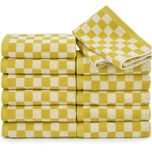 Super Soft Wash Cloths(Mustard Yellow Checkered), 12 Pack Washcloths Facecloth, Cotton Face Towels Set for Body Showering 13x13 Inches, Gifts
