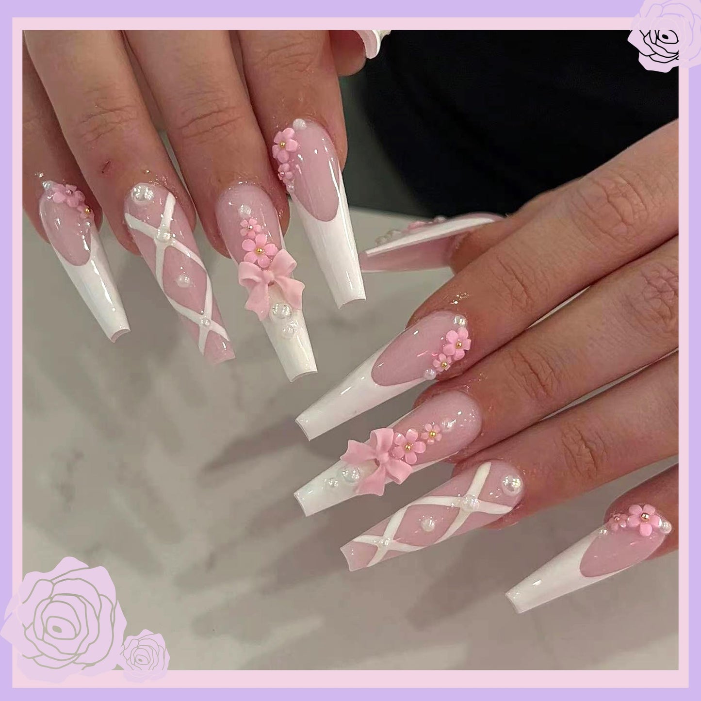 Pink Press on Nails Kit Floral Pearl French Tip Nails Press Ons Medium Long Charms Gems Fake Nails Artificial Coffin Gel Like Glossy 3D Flower Bowknot Net False Nail Manicure for Women and Girls-24pcs