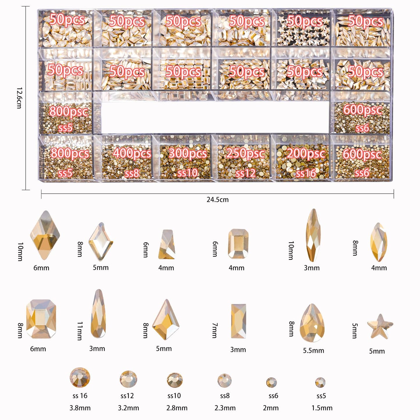 HNUIX Nail Rhinestones - 4550pcs Champagne Gold, Multiple Shape Gems, Flatback Crystal Rhinestones, with Kit and Glue Gel, for Nail Art