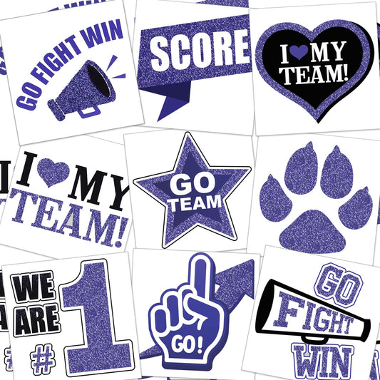 Colarr 180 Pcs Team Spirit Temporary Tattoo 2", 1.5" Face Body Paw Go Team Cheer Tattoo Removable Glitter School Spirit Stickers for Classroom Cheerleading Teams Carnival Sports Games (Purple, Black)