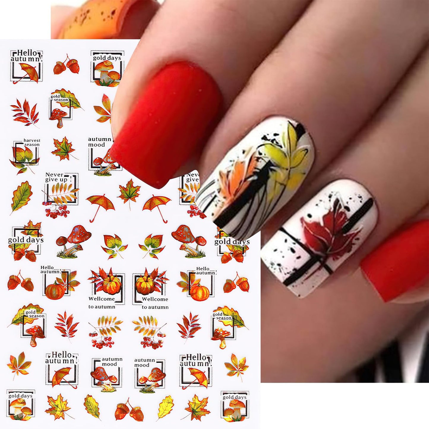 5 Sheets Fall Nail Art Stickers Laser Maple Leaf Nail Decals 3D Self-Adhesive Autumn Leaves Nail Supplies Holographic Thanksgiving Shining Decals for Nails Autumn DIY Manicure Decoration Accessories