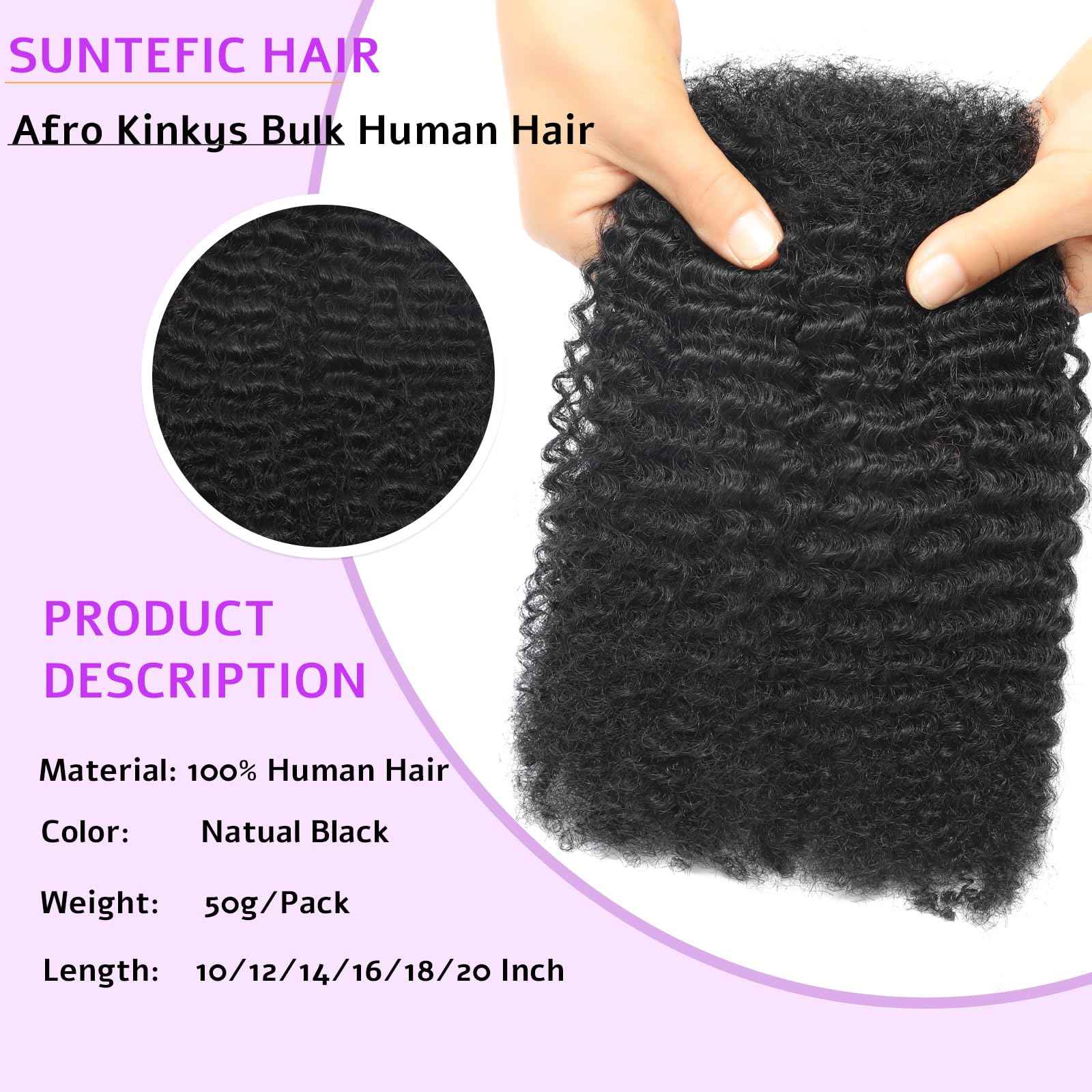 Afro Kinkys Bulk Human Hair For Braiding, 50 Gram Afro Kinky-Curly Human Hair Bundles For Mini Twists Braids Dreadlock Extensions Locs Repair Can Dye And Bleach (1B, 16 Inch (Pack of 1))