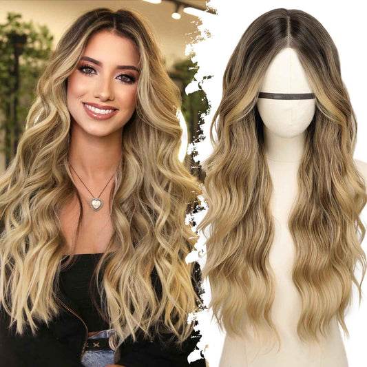 Eawwii Ombre Blonde Long Wavy Wig for Women, Pre-Cut HD Lace Natural Hairline, Glueless Middle Part, Synthetic Fiber for Daily and Party Use 26Inch