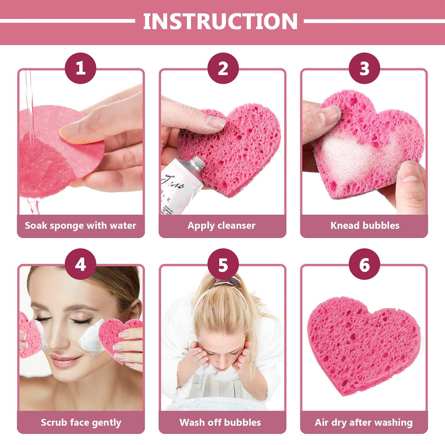 60 Pieces Facial Sponges with Container, Heart Shape Compressed Face Sponge Natural Sponge Pads for Washing Face Cleansing Exfoliating Esthetician Makeup Removal (Pink)