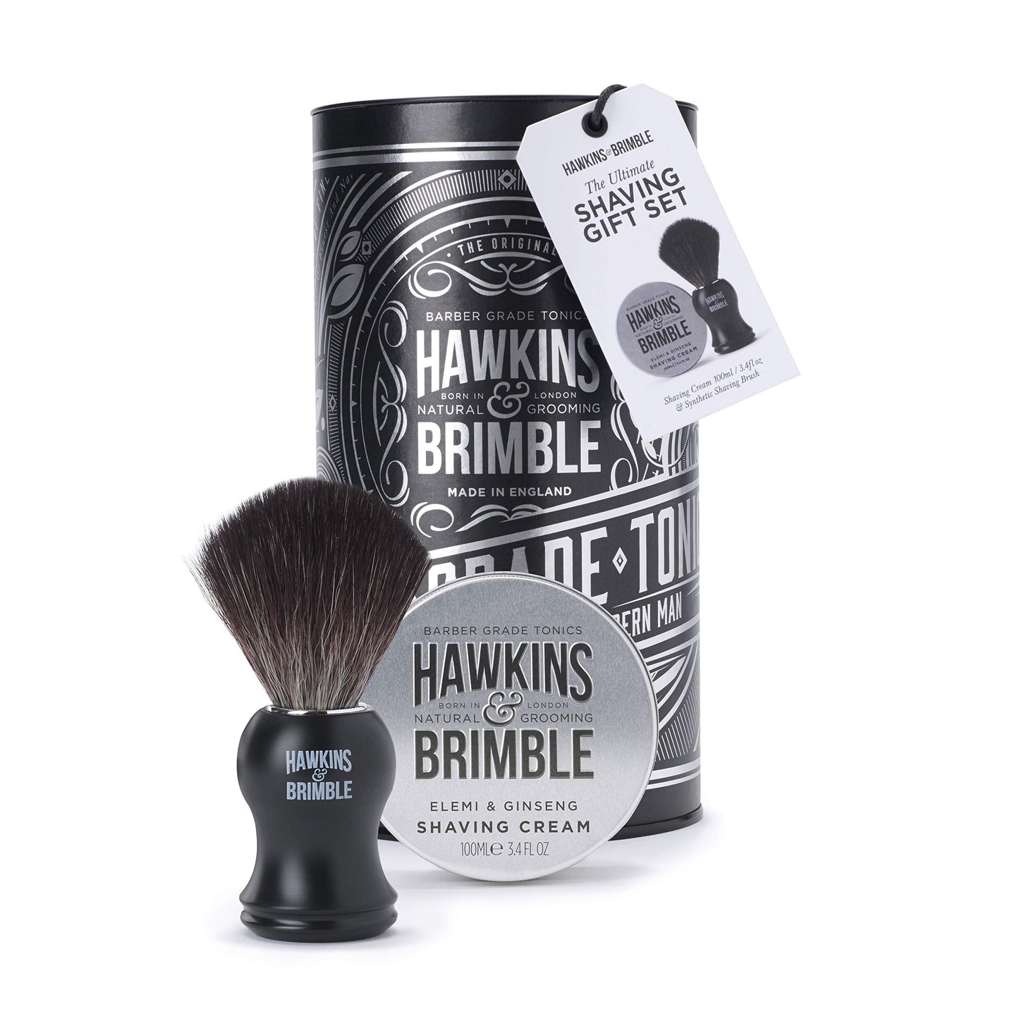 Hawkins & Brimble Premium Shaving Gift Set - Shave Brush & Shave Cream | Good Lather | Soften Stumble (Silver)