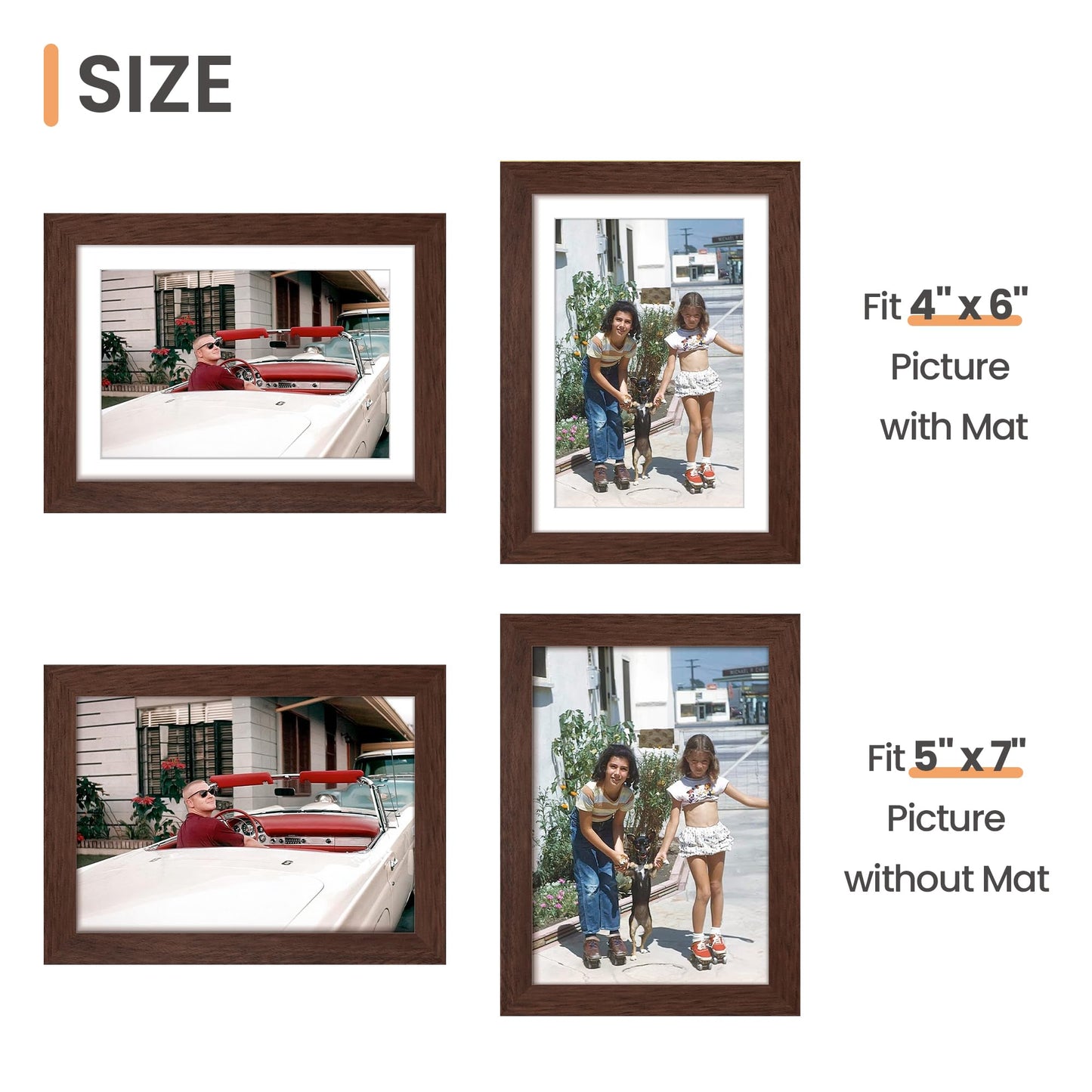 upsimples 5x7 Picture Frame, Display Pictures 4x6 with Mat or 5x7 Without Mat, Wall Hanging Photo Frame, Brown, 1 Pack