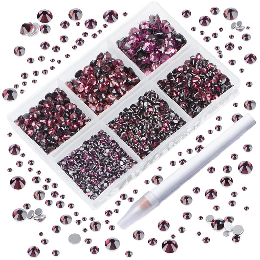 AD Beads 4300 Pieces Flat Back Nail Art Rhinestones Round Beads 6 Sizes (2-6.5mm) with Storage Organizer Box,Rhinestones Picking Pen for Nail Art Phone Decorations Crafts DIY (Amethyst)