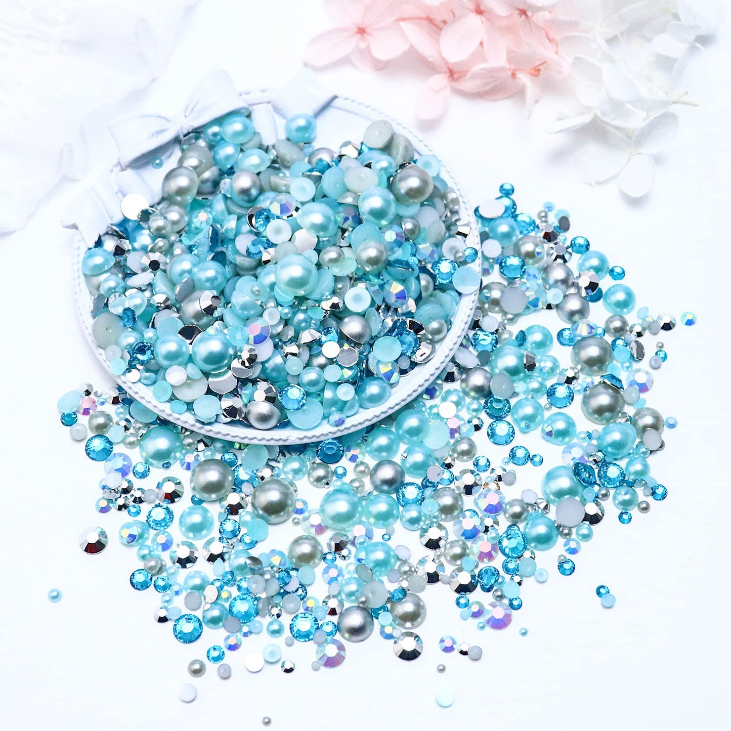 Towenm 60g Mix Pearls and Rhinestones, Flatback Rhinestones and Pearls for Crafts Tumblers Shoes Nails Face Art, 2mm-10mm Mixed Sizes Half Pearls and Rhinestones, Aquamarine|Silver|Gray