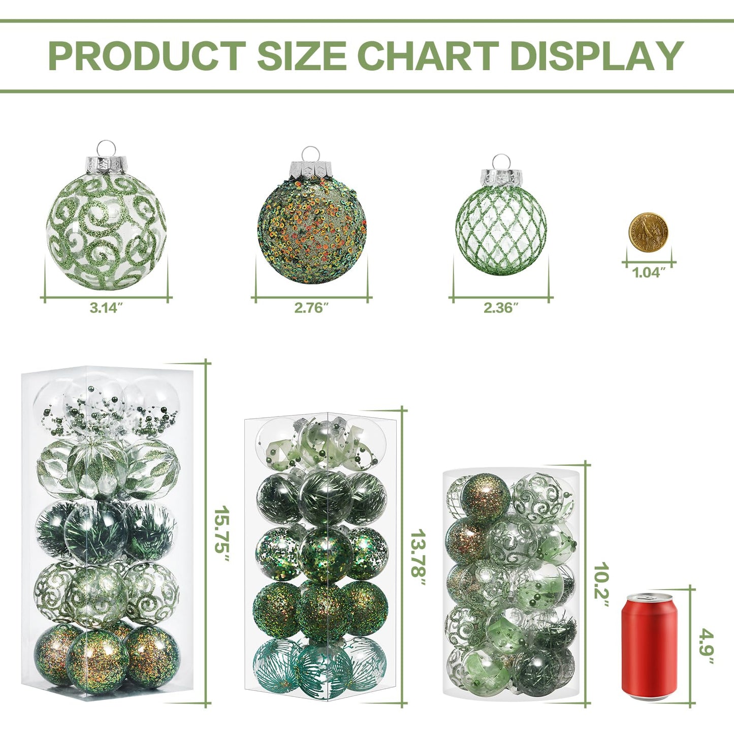 60MM/2.36" Clear Christmas Ornaments Set, 25PCS Shatterproof Decorative Hanging Ball Ornament with Stuffed Delicate Decorations, Xmas Tree Balls for Holiday Party - Green.