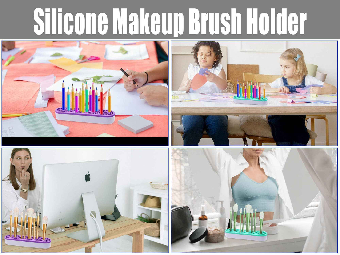 GDFYMI 2Pcs Silicone Makeup Brush Holders Green Purple Stand Makeup Brush Organizers Make Up Brushes Storage for Painting Pen Brushes Nail Clippers Drill Pens Ruler Sewing Craft Tools