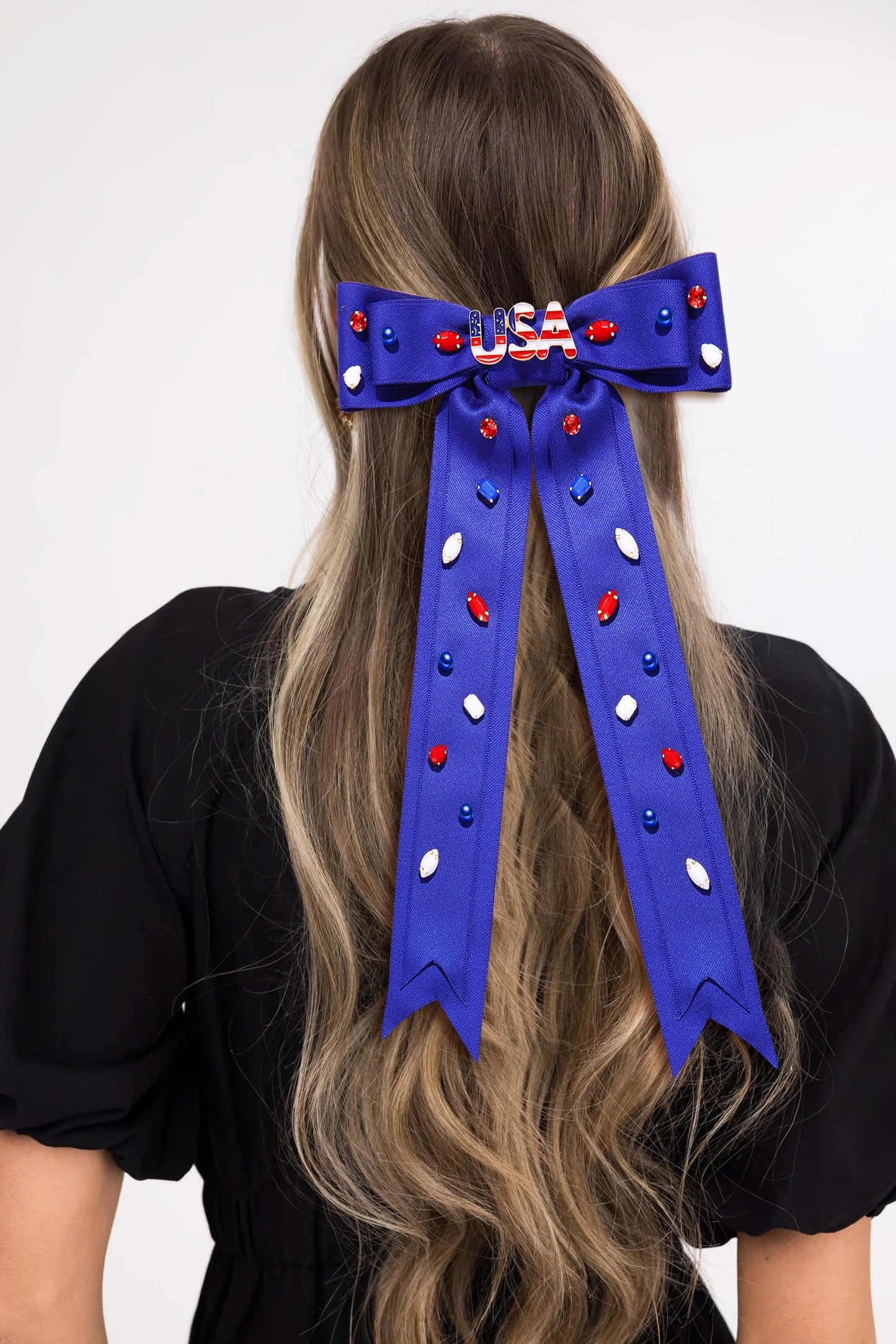 Boderier 4th of July Bows for Girls American Flag USA Hair Bow Clips Jeweled Patriotic Ribbon Hair Clips Independence Day Hair Accessories Fourth of July Party Favors USA Blue