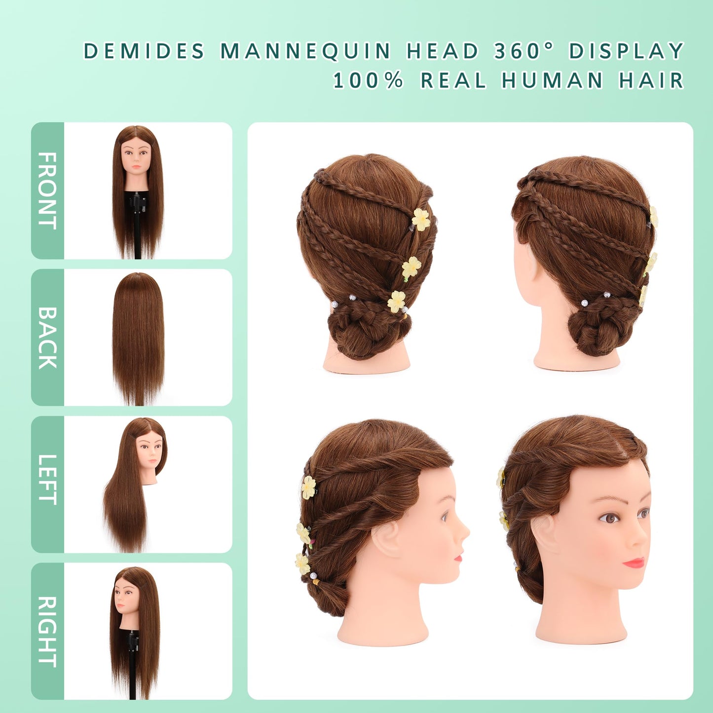 Demides 22-24’’ Mannequin Head with Human Hair, Cosmetology Mannequin Head 100% Real Human Hair, Manikin Head with Stand for Hairdressers Practice Braiding Styling Cutting Dying Styles