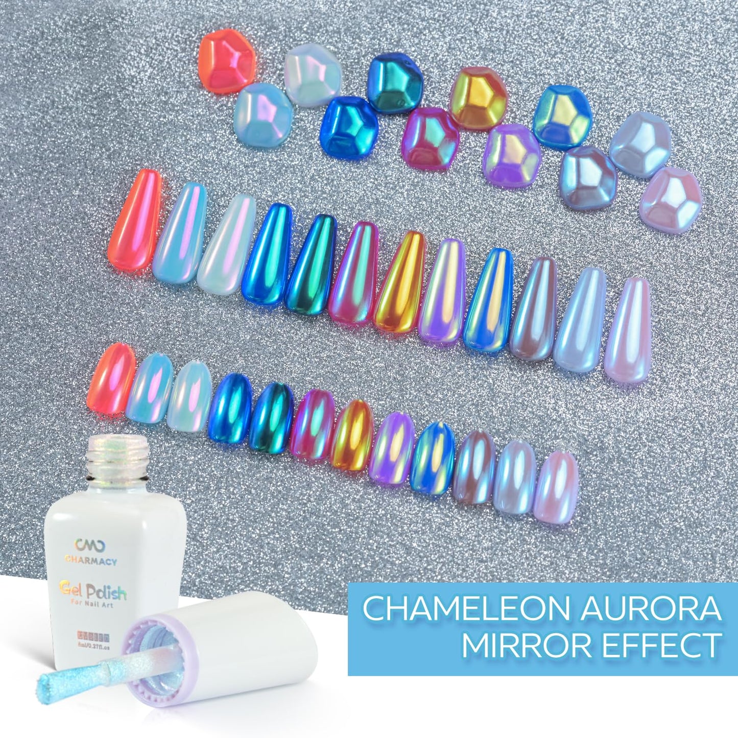 CHARMACY Nail Polish Gel Set 6PCS, Gel UV Nail Polish Colors Blue Hot Pink White Gel Nail Polish, Magic Green Pink Chameleon Mirror Effect Aurora Chrome Nail Powder Liquid Nail Polish Gift Set