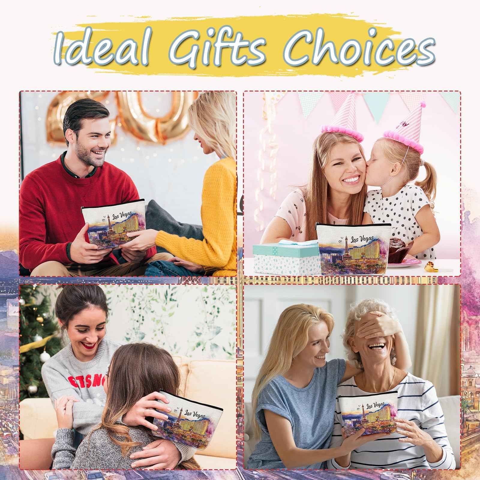 Luvsweets Las Vegas Souvenir Gift - Watercolor City Travel Makeup Bag, Las Vegas Travel Lovers Cosmetic Bags, Las Vegas Vacation Trip Gifts for Women Girls Sister Birthday Christmas Gift