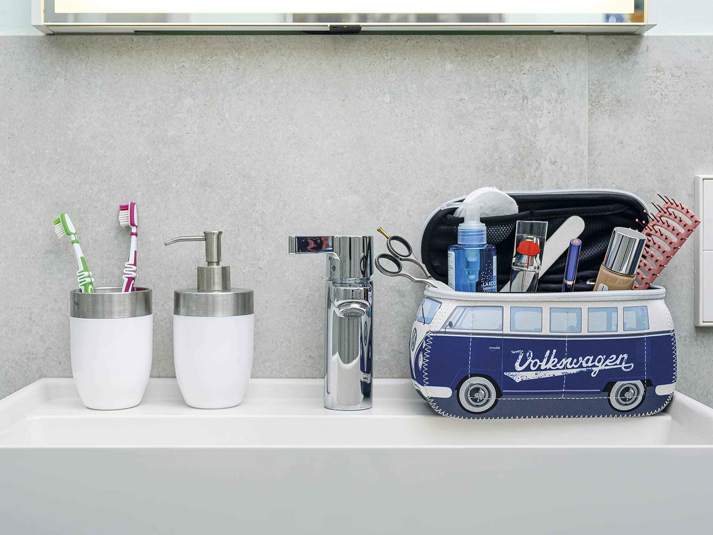 BRISA VW Collection - Volkswagen Neoprene Universal Makeup Cosmetics Toiletry Travel Pharmacy Bag in T1 Bus Design (Blue) (Large (11.8 x 5.5 x 4.7 inches))