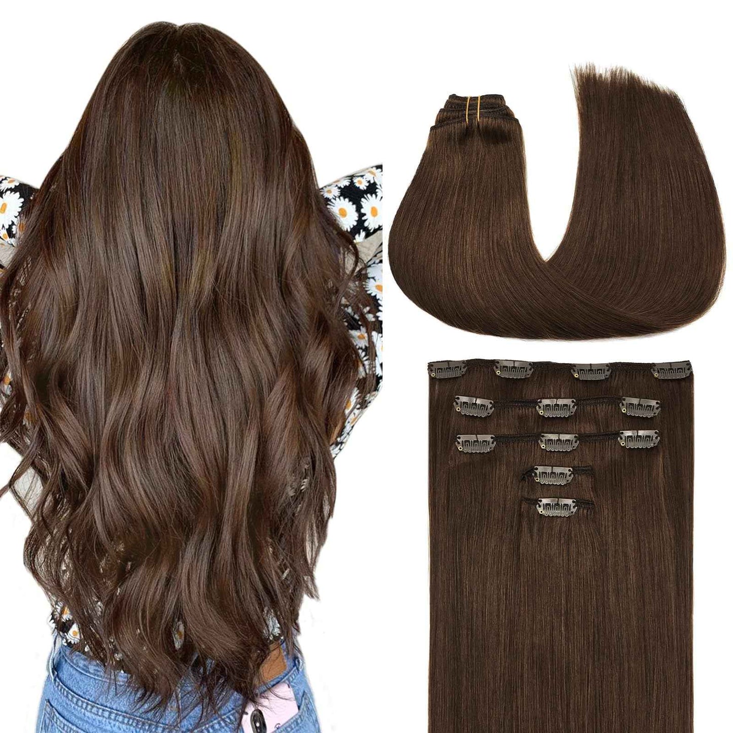 MAXITA Human Hair Clip in Extensions, Chocolate Brown 16 Inch 5pcs 75g, Remy Clip in Hair Extensions Real Human Hair Extensions Natural Straight Hair Extensions for Woman
