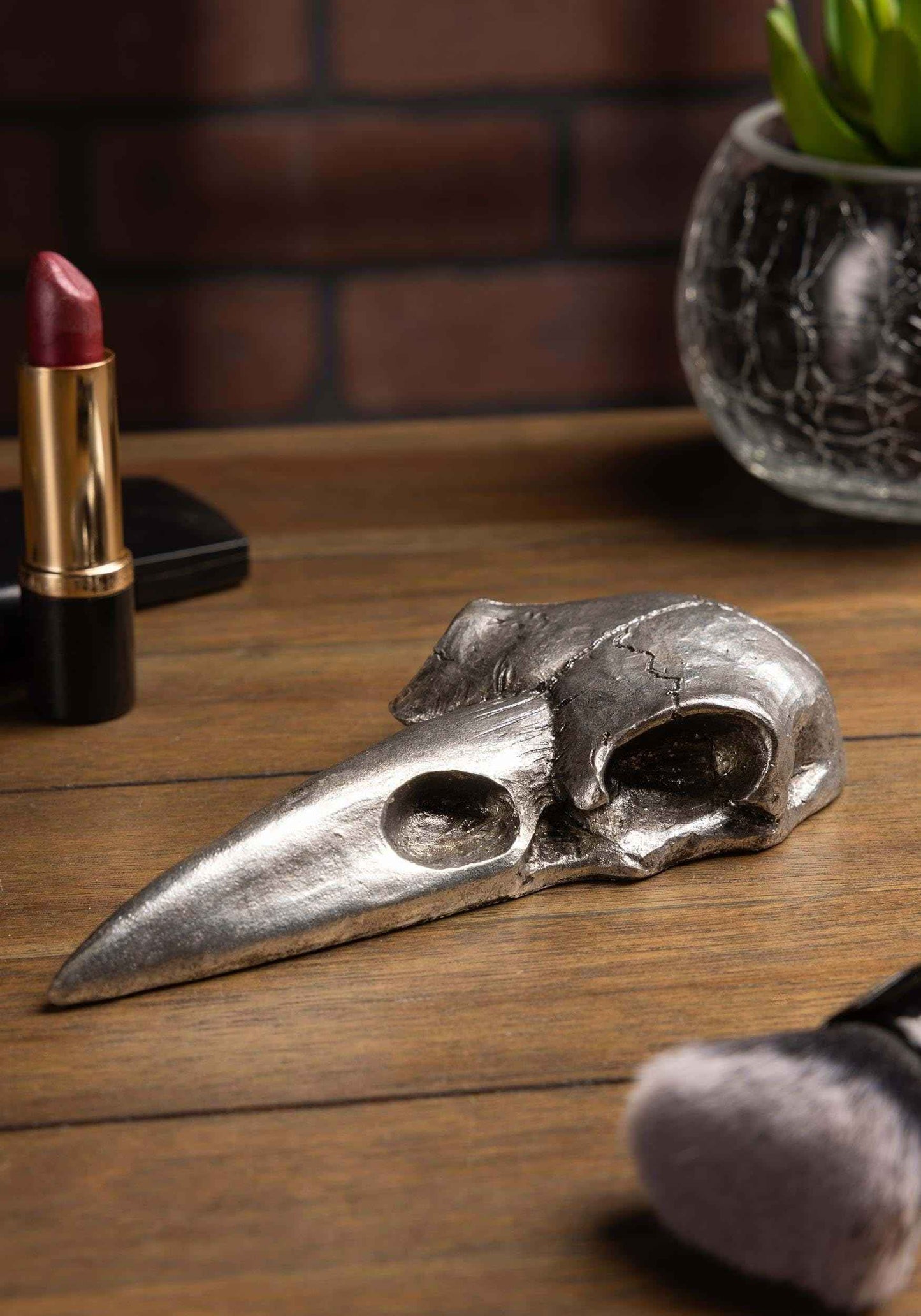 The Vault Raven Skull Handheld Makeup Mirror - Antique Silver