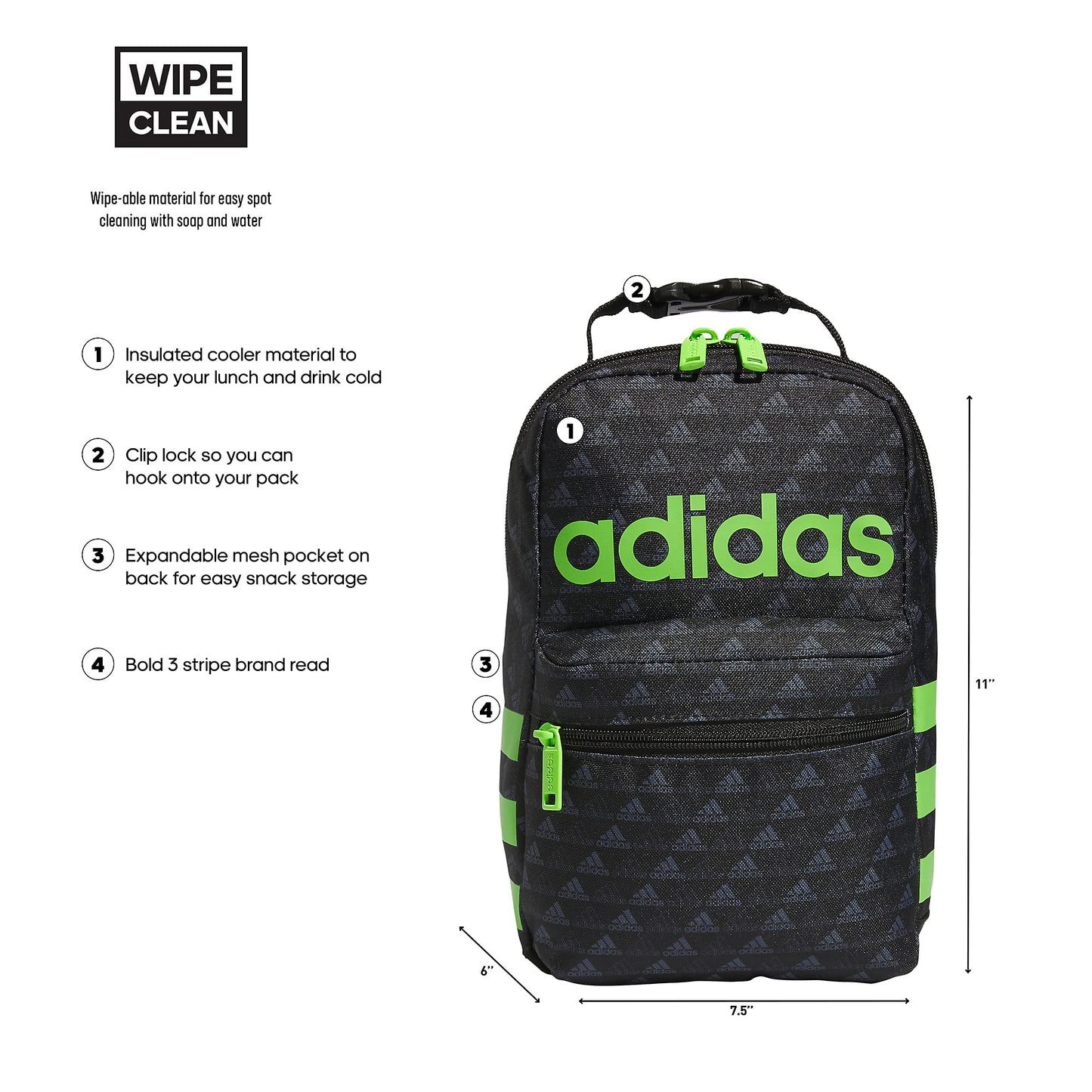 adidas Santiago Insulated Lunch Bag (6.5L) with Clip Lock Handle, BOS Mini Monogram Black/Lucid Lime Green, One Size