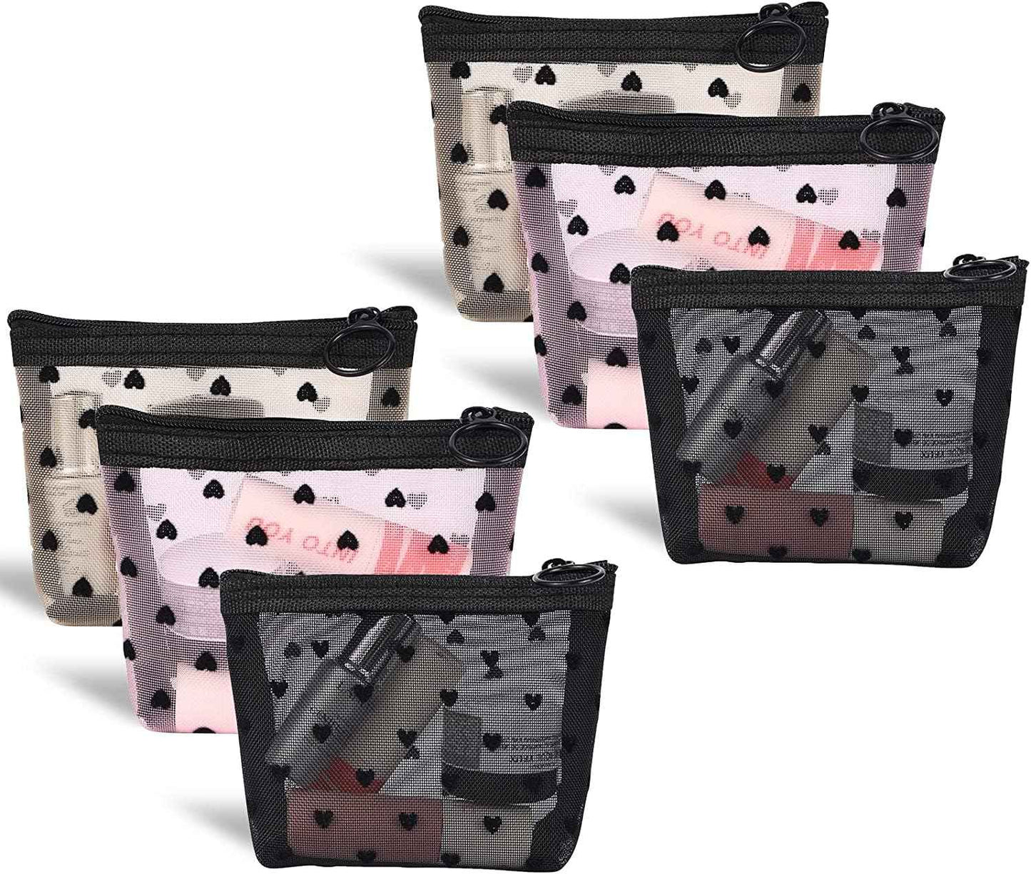 Adorila 6 Pack Mini Mesh Makeup Bags, Heart Print Zipper Mesh Storage Pouch, Travel Cosmetic Accessories Organizer for Women (Black, Beige, Pink)