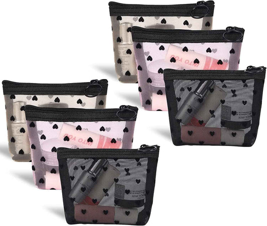 Adorila 6 Pack Mini Mesh Makeup Bags, Heart Print Zipper Mesh Storage Pouch, Travel Cosmetic Accessories Organizer for Women (Black, Beige, Pink)