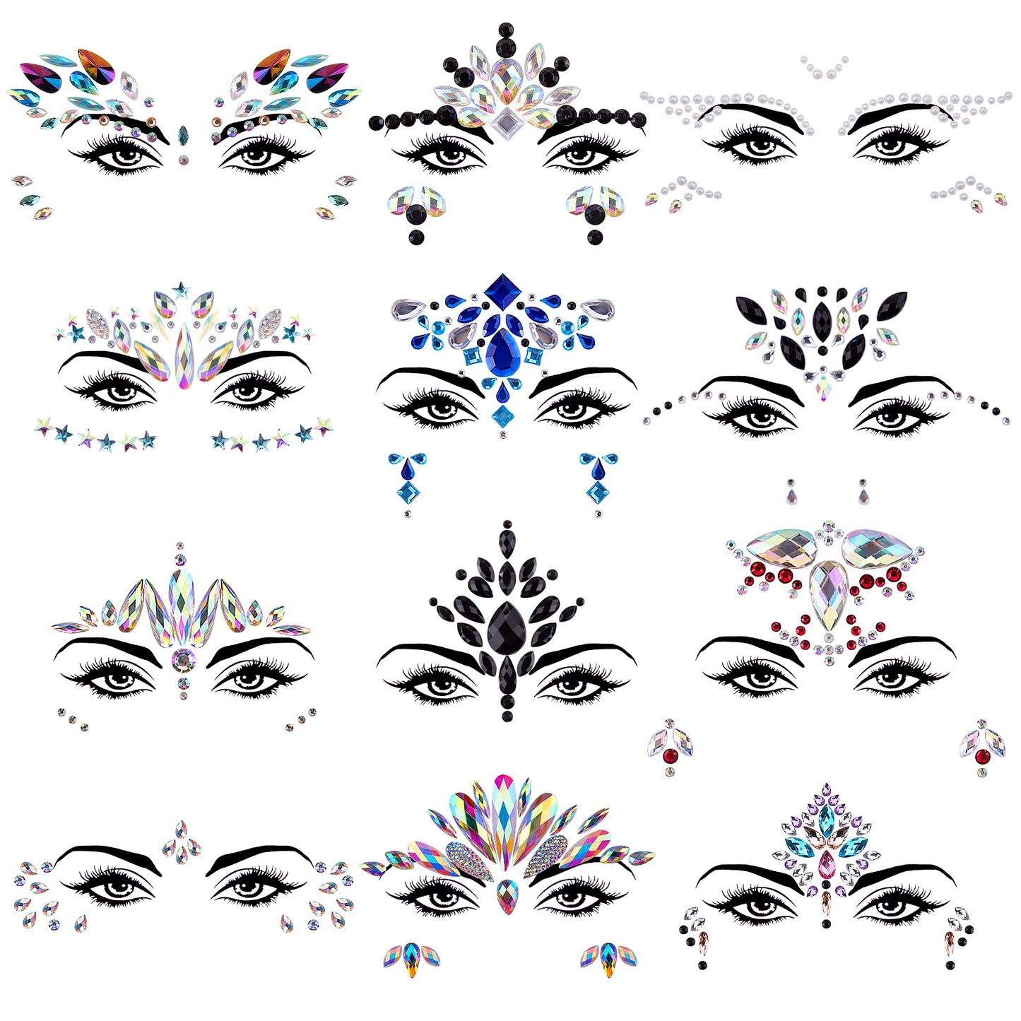 SIQUK 12 Sets Face Jewels Stick On Rhinestones Sticker Face Gems Face Crystals Self Adhesive Face Sticker Jewel Mermaid Face Jewel for Festival Rave Party