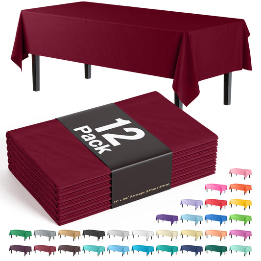 Exquisite 12-Pack Premium Plastic Tablecloth 54in. x 108in. Rectangle Table Cover - Burgundy