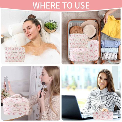 3PCS Cotton Quilted Floral Makeup Bag Set for Women Girls, Cute Make Up Bags with Brush Pockets, Large Wide-Open Toiletry Pouch Gifts for Toiletries Accessories Travelling Essentials