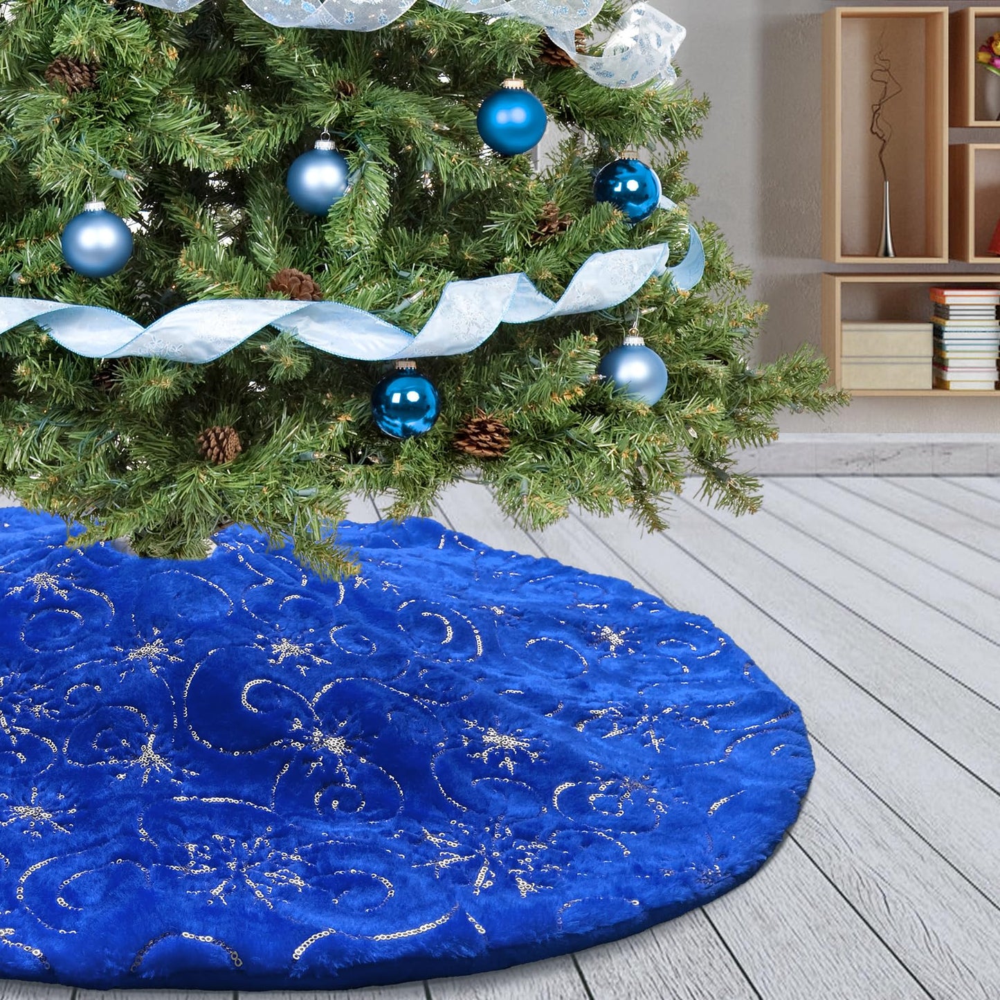 Amidaky Christmas Tree Skirt Blue 48 inch Silver Christmas Tree Skirt Snowflakes Faux Fur for Xmas Holiday Home Party Decorations