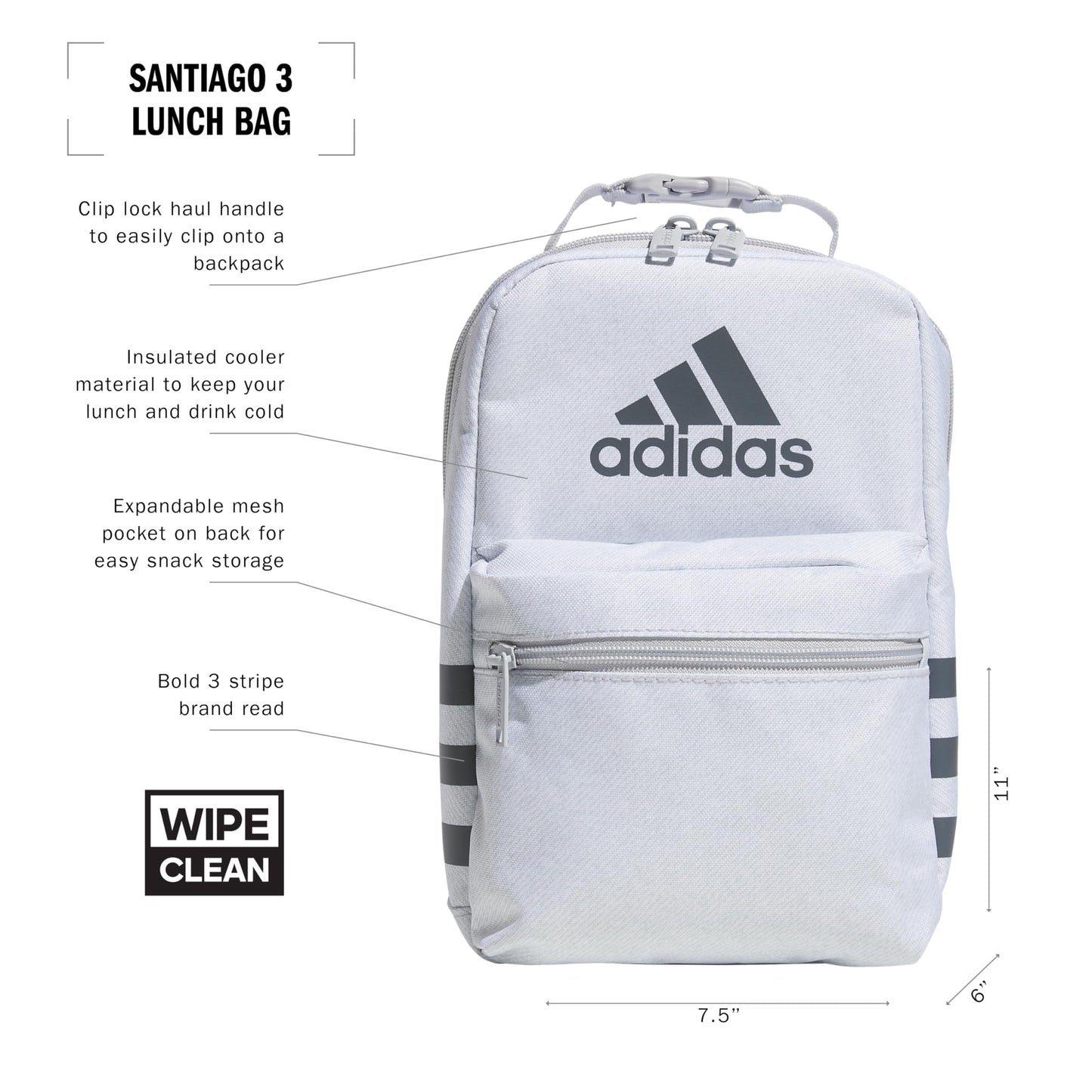 adidas Santiago Insulated Lunch Bag (6.5L) with clip lock handle, Twill White/LGH Solid Grey/Onix Grey, One Size