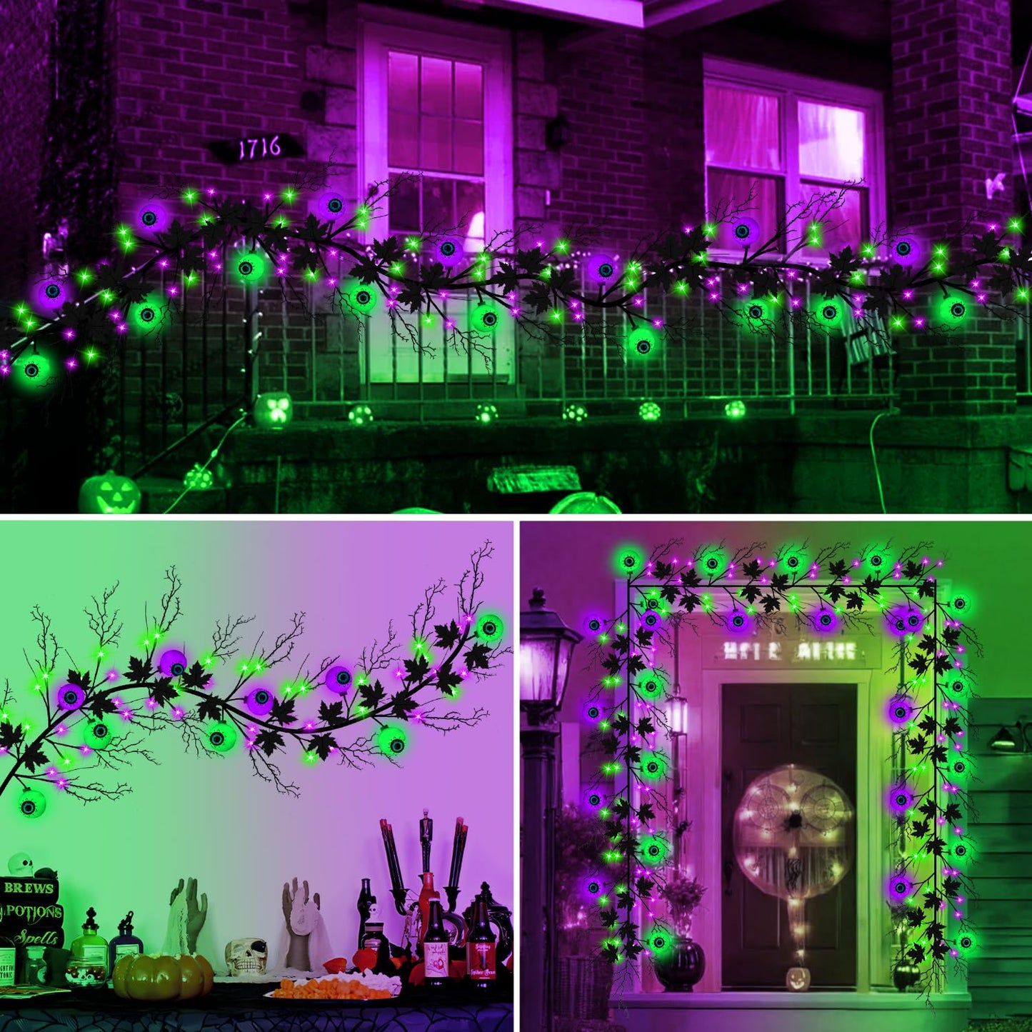 Halloween Decorations 6 Ft 54 LED Purple & Green Lights, Willow Vine Twig Garland with 9 Tree Leaves & 9 Eyeball, Battery Operated 8 Modes Halloween Lights for Home Wall Window Fireplace Mantle Decor