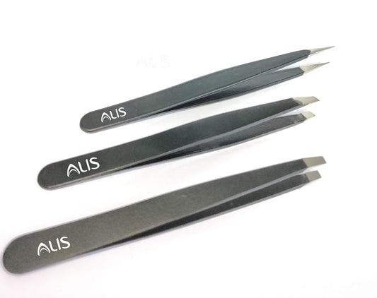 Ali's 3 Pieces Durable Stainless Steel Slant Pointed Flat-Tip Tweezer for Eyebrow Face Nose Hair Removal (Black)