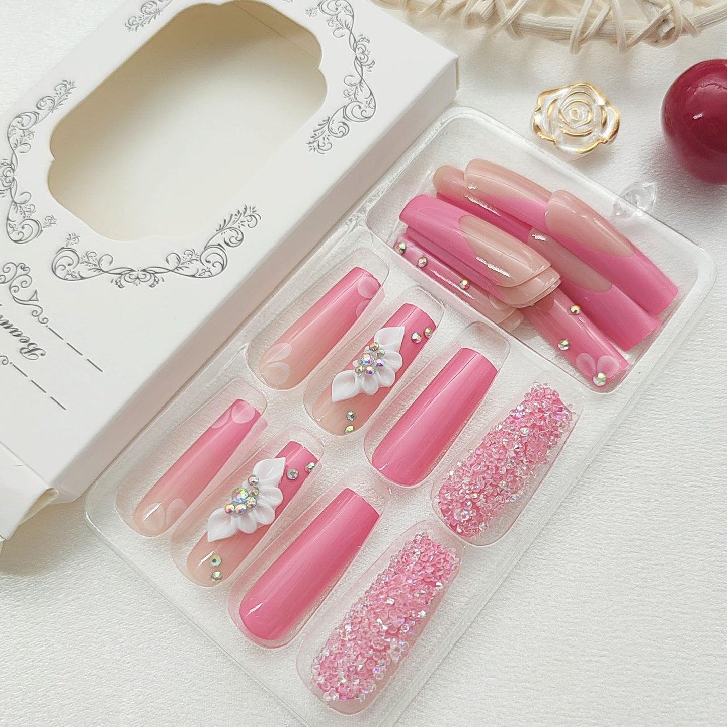 Pink French Tip Press on Nails Long Square Fake Nails White Flowers Glue on Nails Full Cover Acrylic Nails Glossy False Nails Broken Diamond Designs Cute Nails Spring Stick on Nails for Women 24Pcs