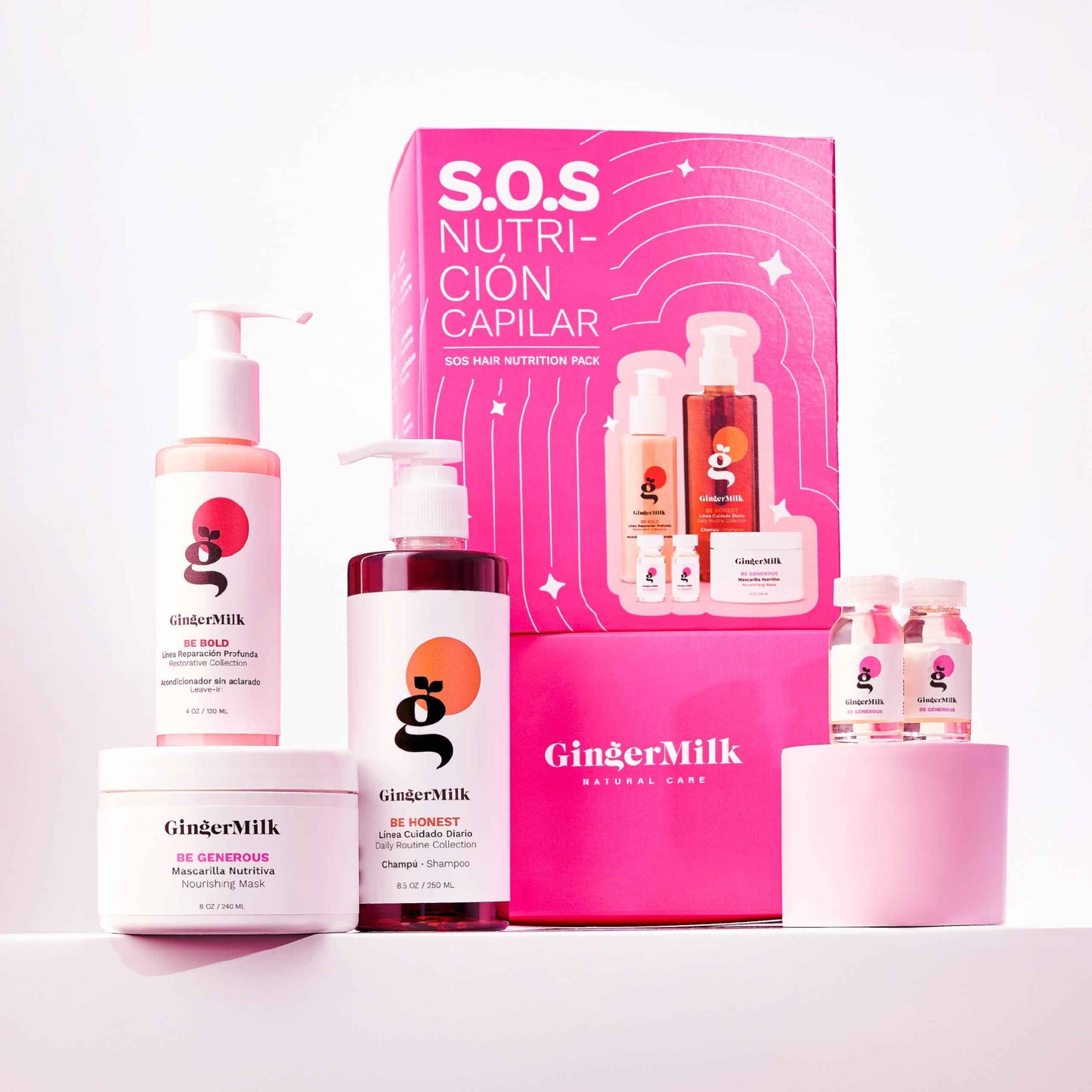 Hair Nourishment Pack SOS by GINGER MILK, Vegan Hair Care Set with pH-Balanced Shampoo 8.5oz, Hair Mask 8oz, Leave-in 4oz & 2 Ampoules | Weak Hair: Nourish, Shine, Strength, Noticeable Results Soon