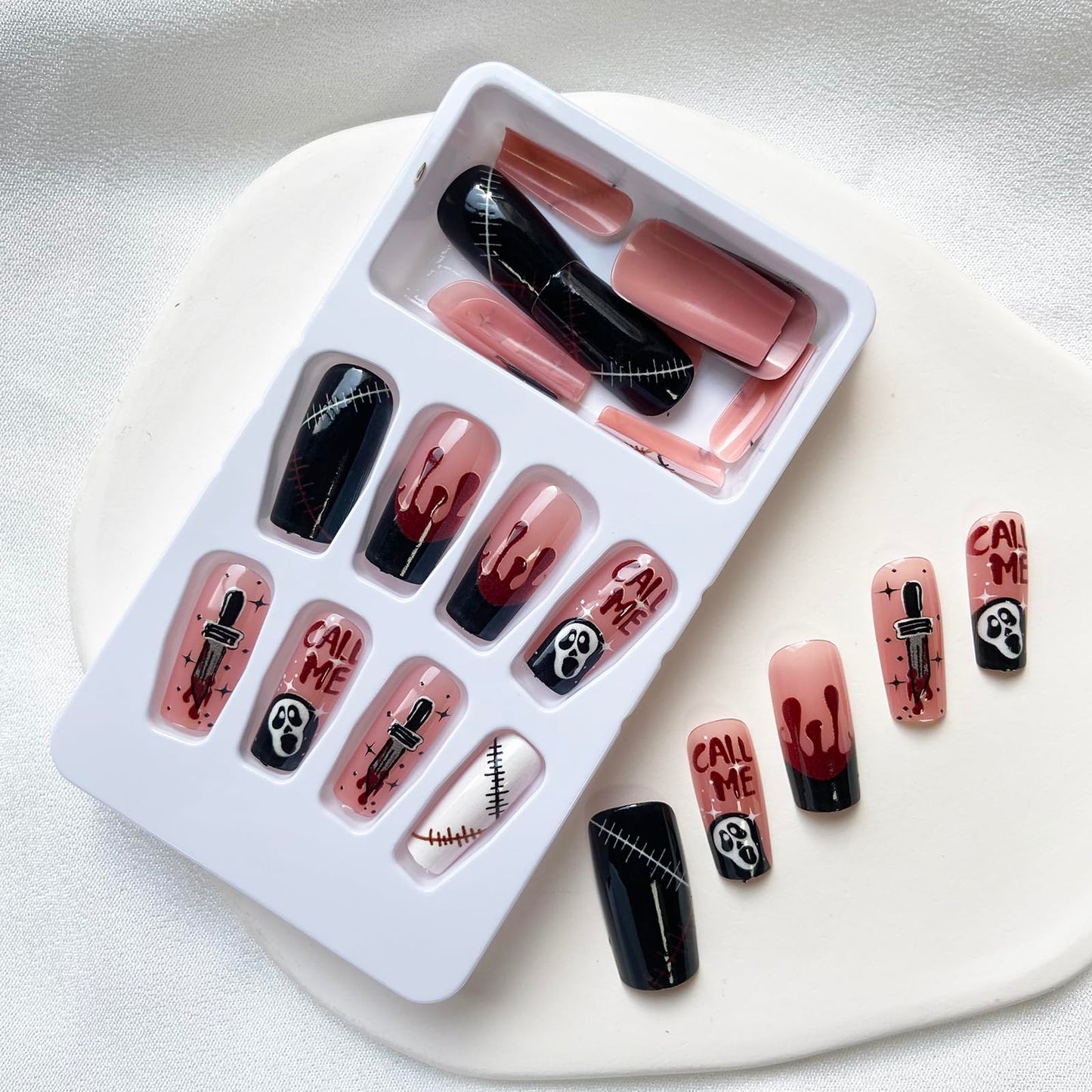 Coffin Fake Nails Medium Length Press on Nails Halloween False Nails with Ghost Knife Blood Patch Designs French Stick on Nails Full Cover Glossy Acrylic Fake Nails Horrible Halloween Artificial Nails