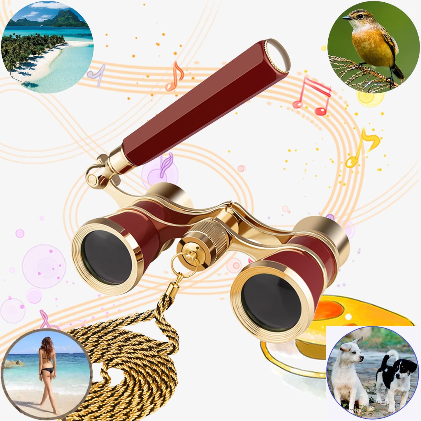 Yourelexit® Opera Glasses Binoculars Lorgnette Theater Optical Glasses Mini Compact Lightweight Built-in Foldable Adjustable Handle with Neck Chain Vintage Adults Kids Women in Musical Concert Cinema